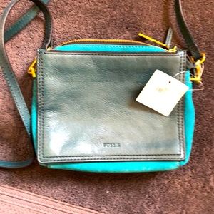 Fossil Teal Leather and Suede Crossbody. NWT.